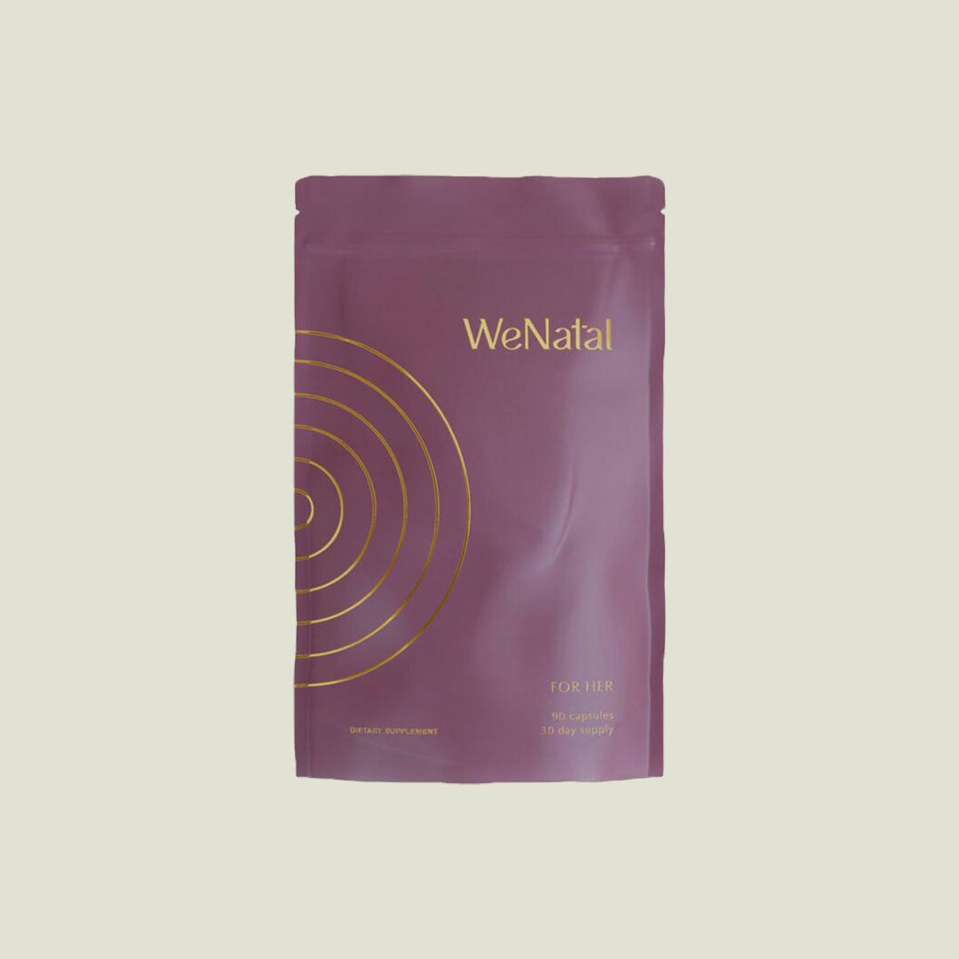 WeNatal prenatal supplement For Her refill pouch against an off white background