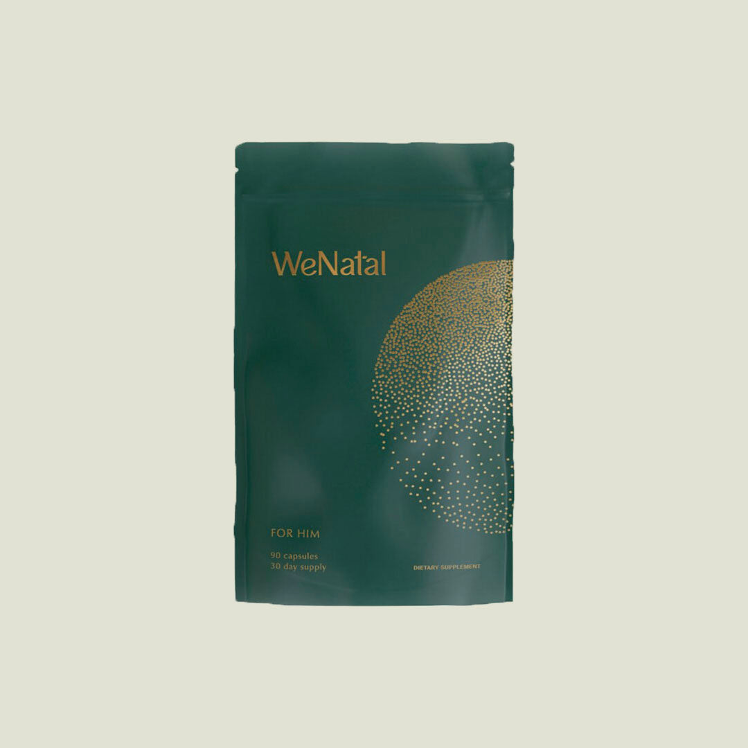 WeNatal prenatal supplement For Him refill pouch against an off-white background