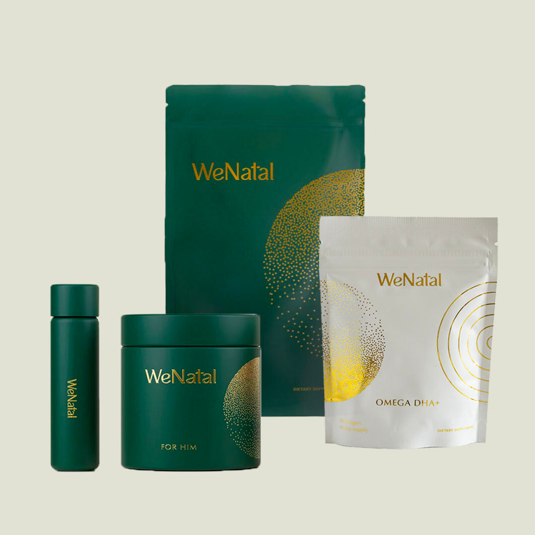 WeNatal For Him travel vial, Glass Jar, refill pouch and WeNatal FIsh Oil refill pouch