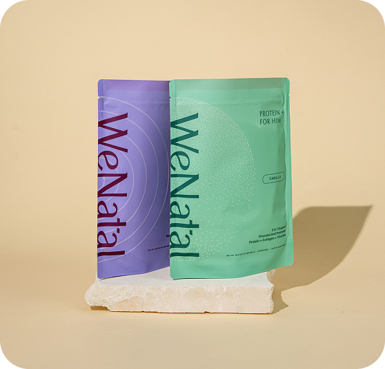 WeNatal Protein+ Together supplements in resealable pouches; mint-green for men and purple likely for women, highlighting the inclusive wellness approach.