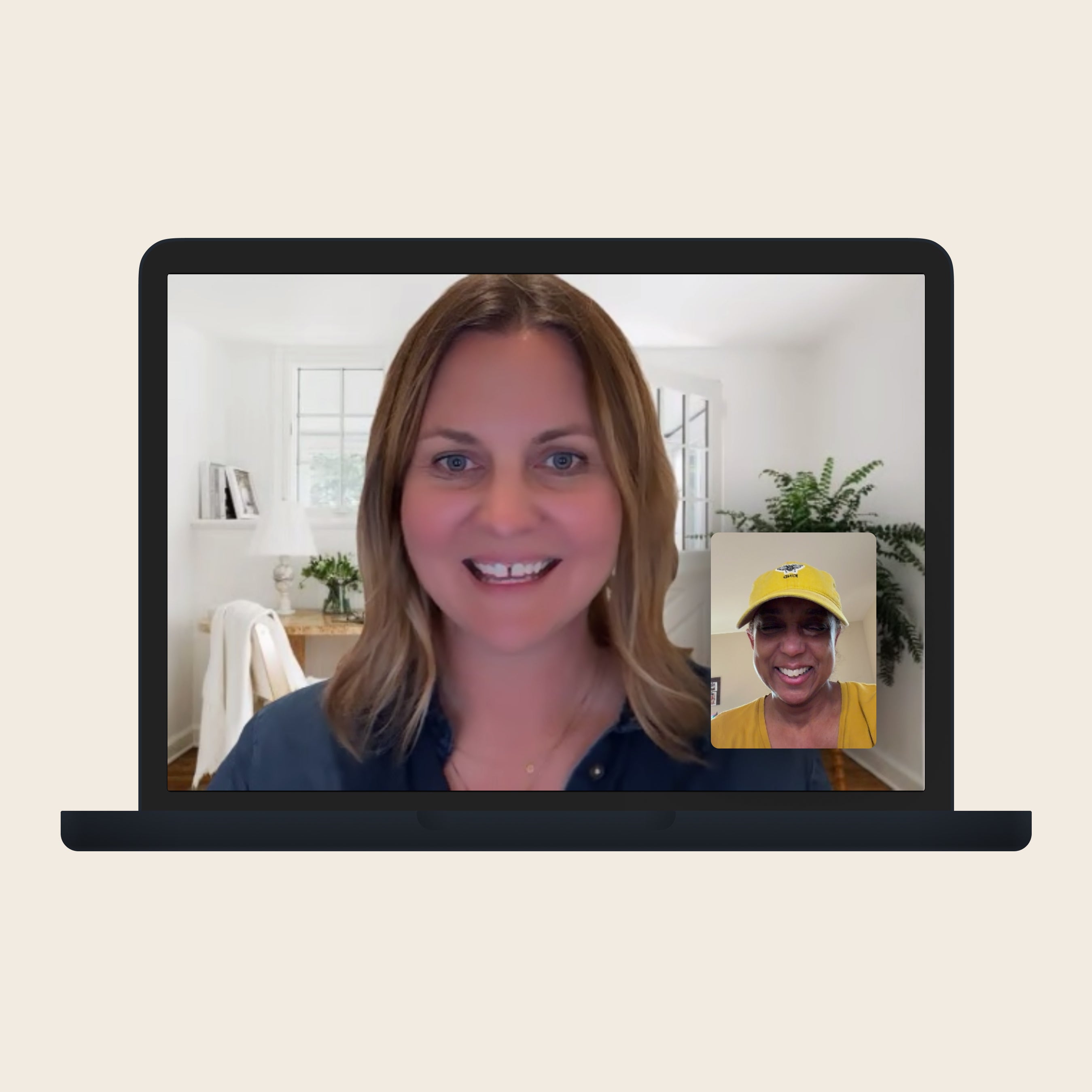 Two women on a friendly video call, illustrating the Free Nutrition Consult offered with any prenatal supplement subscription, supporting daily and fertility nutrition