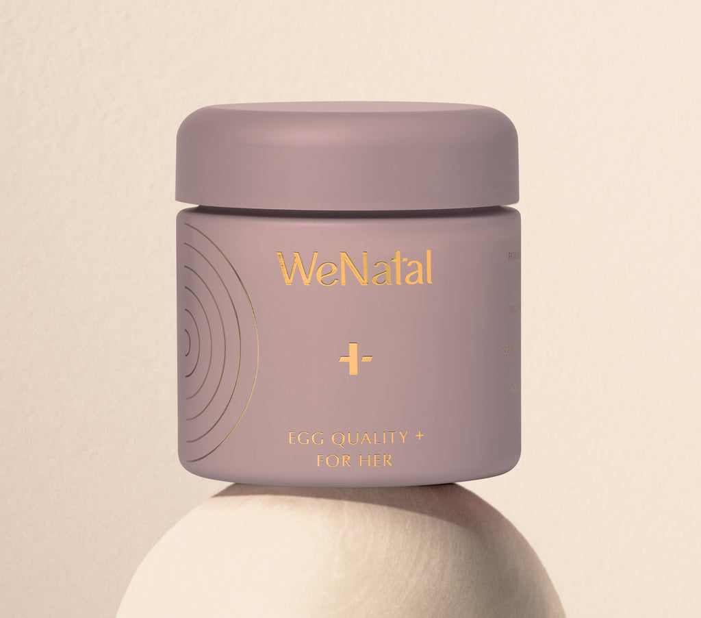 WeNatal Egg Quality+ Welcome Kit: A prenatal supplement jar offering daily fertility and nutrient support with a 30-day supply of 90 capsules for her.