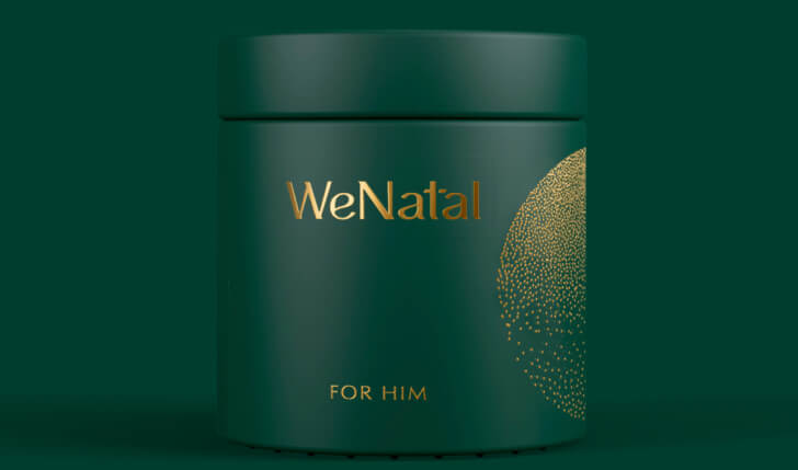 WeNatal For Him glass jar against a green background