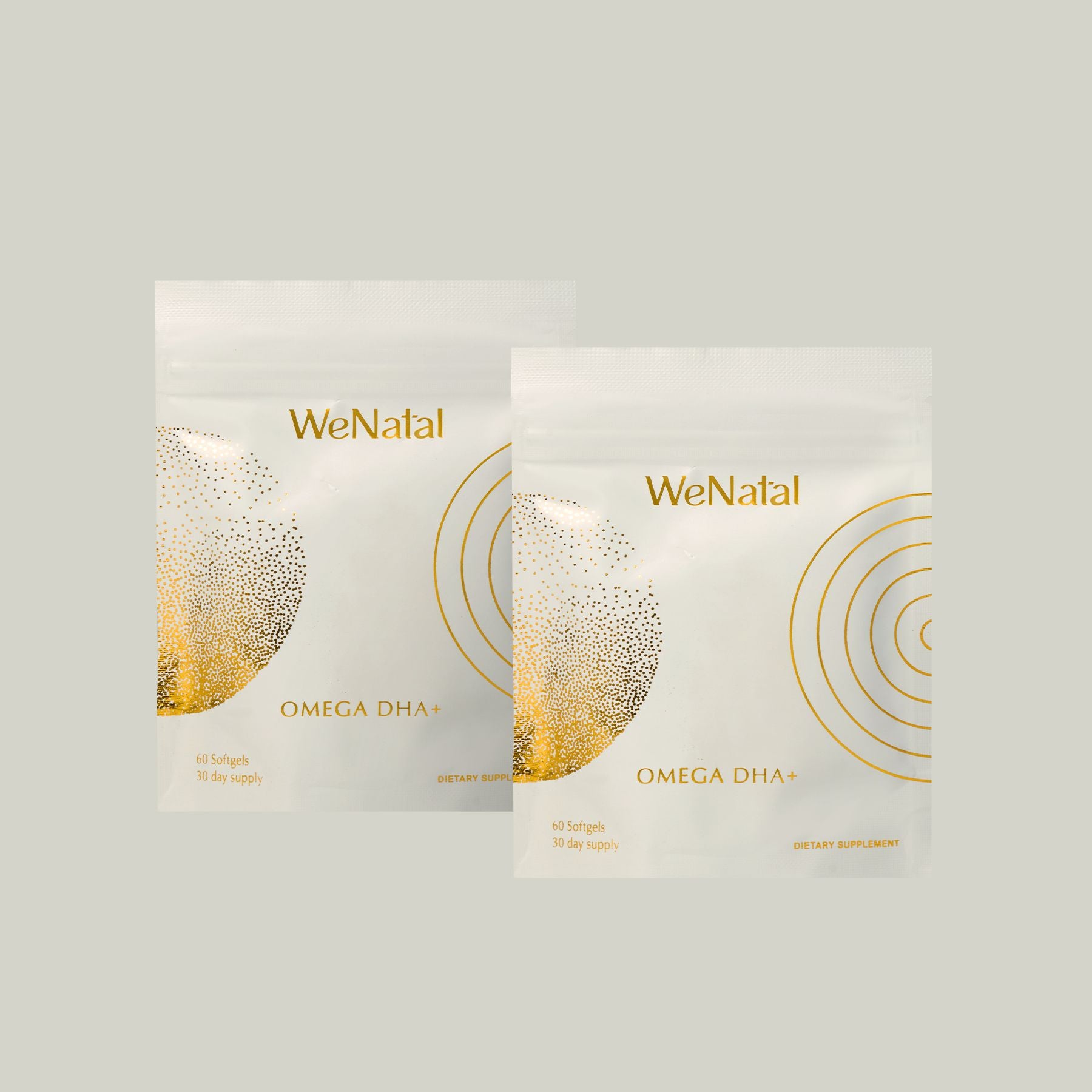Close-up of Omega Together (One Time) package featuring gold circle design, highlighting WeNatal's Omega DHA+ supplement for partners' prenatal health