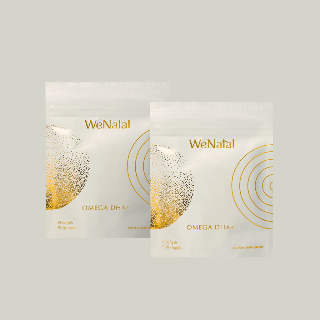 Close-up of Omega Together (One Time) package featuring gold circle design, highlighting WeNatal's Omega DHA+ supplement for partners' prenatal health.