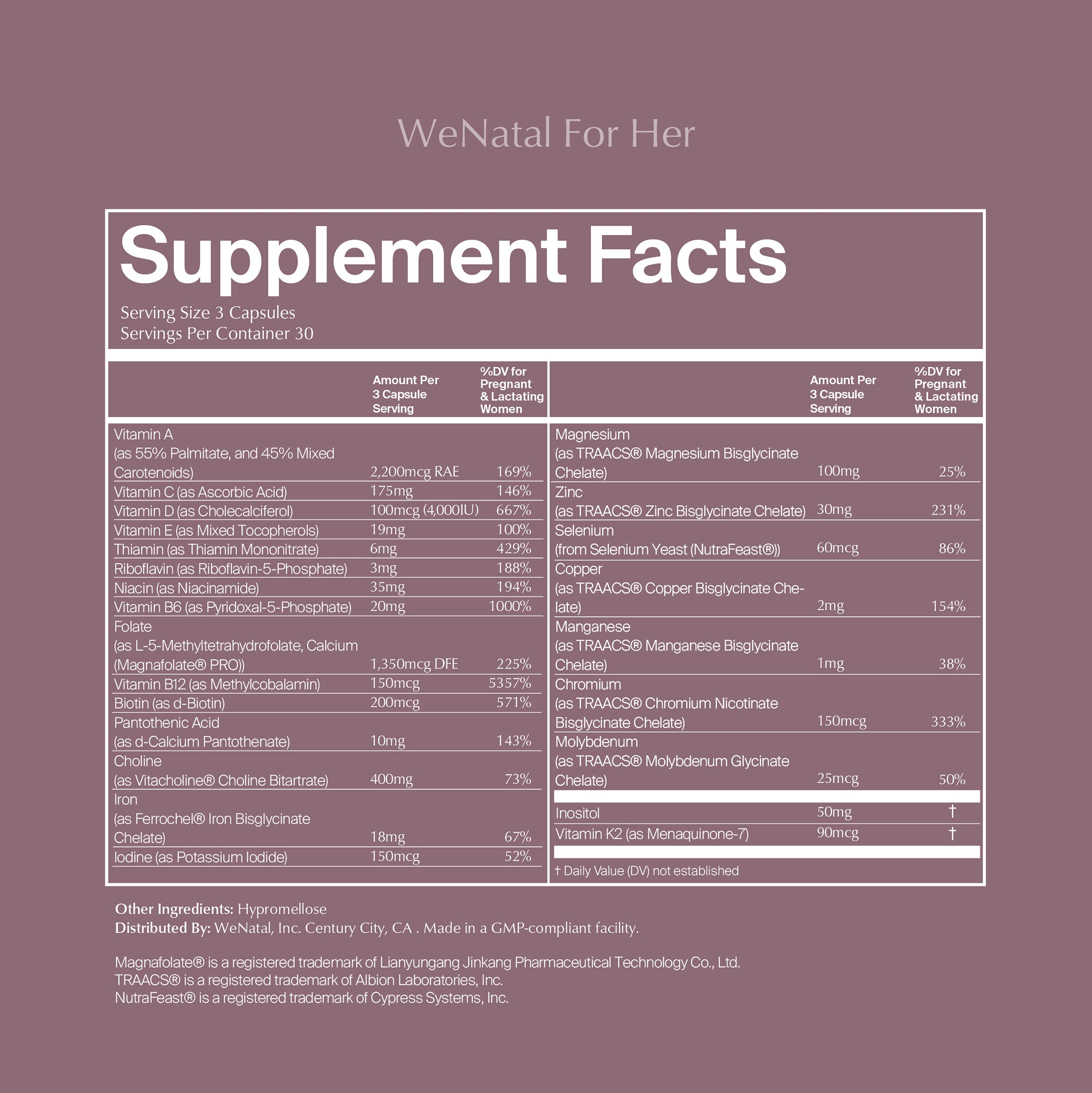 WeNatal for Her prenatal capsules, featuring a nutrient-rich 3-capsule serving; supports prenatal nutrition with essential vitamins and minerals
