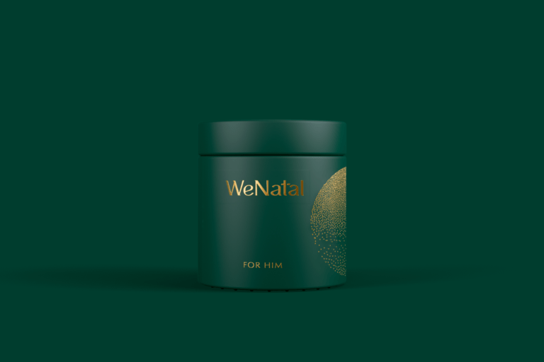 WeNatal For Him glass jar against a green background
