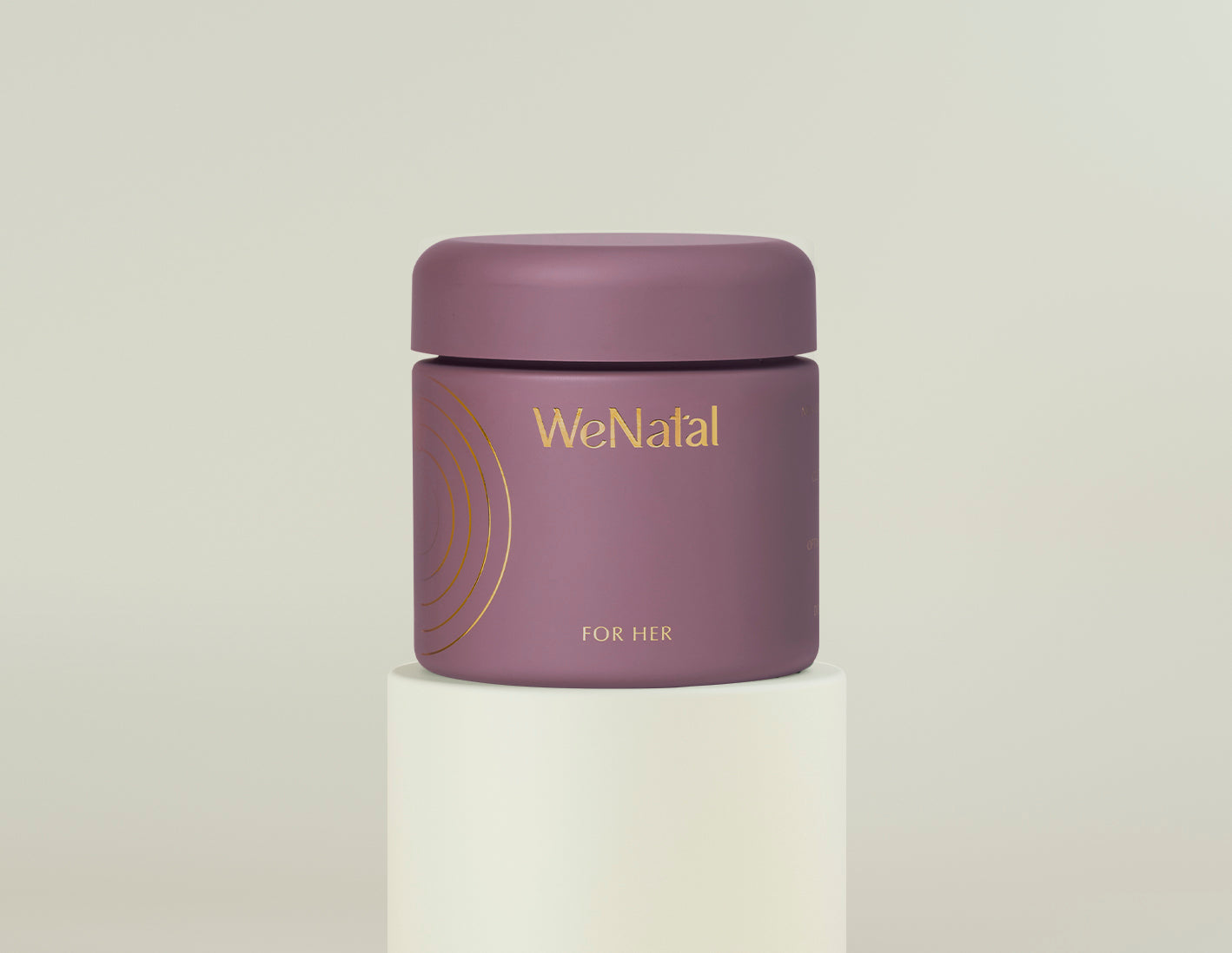 WeNatal For Her Welcome Kit jar with gold lettering, showcasing a clean design, containing 90 capsules aimed at women's wellness, set on a white pedestal.