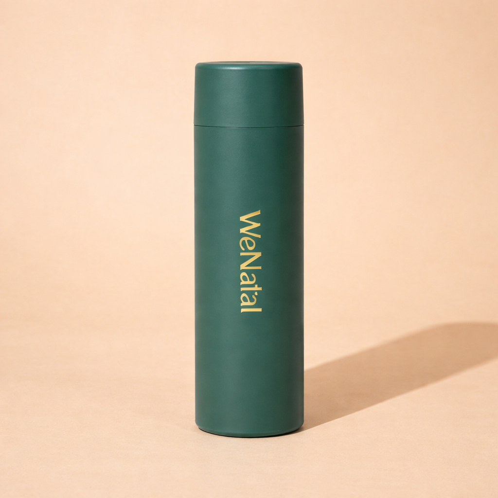 WeNatal Travel Vial, a matte-green insulated bottle, designed for convenient on-the-go prenatal supplement storage, ensuring daily nutrient and fertility support with essential capsule formula.