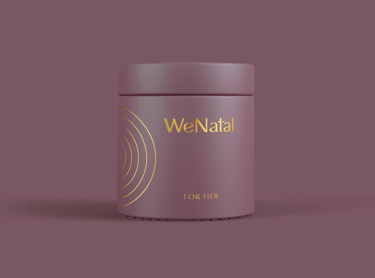 A jar of WeNatal For Her prenatal supplement against purple background