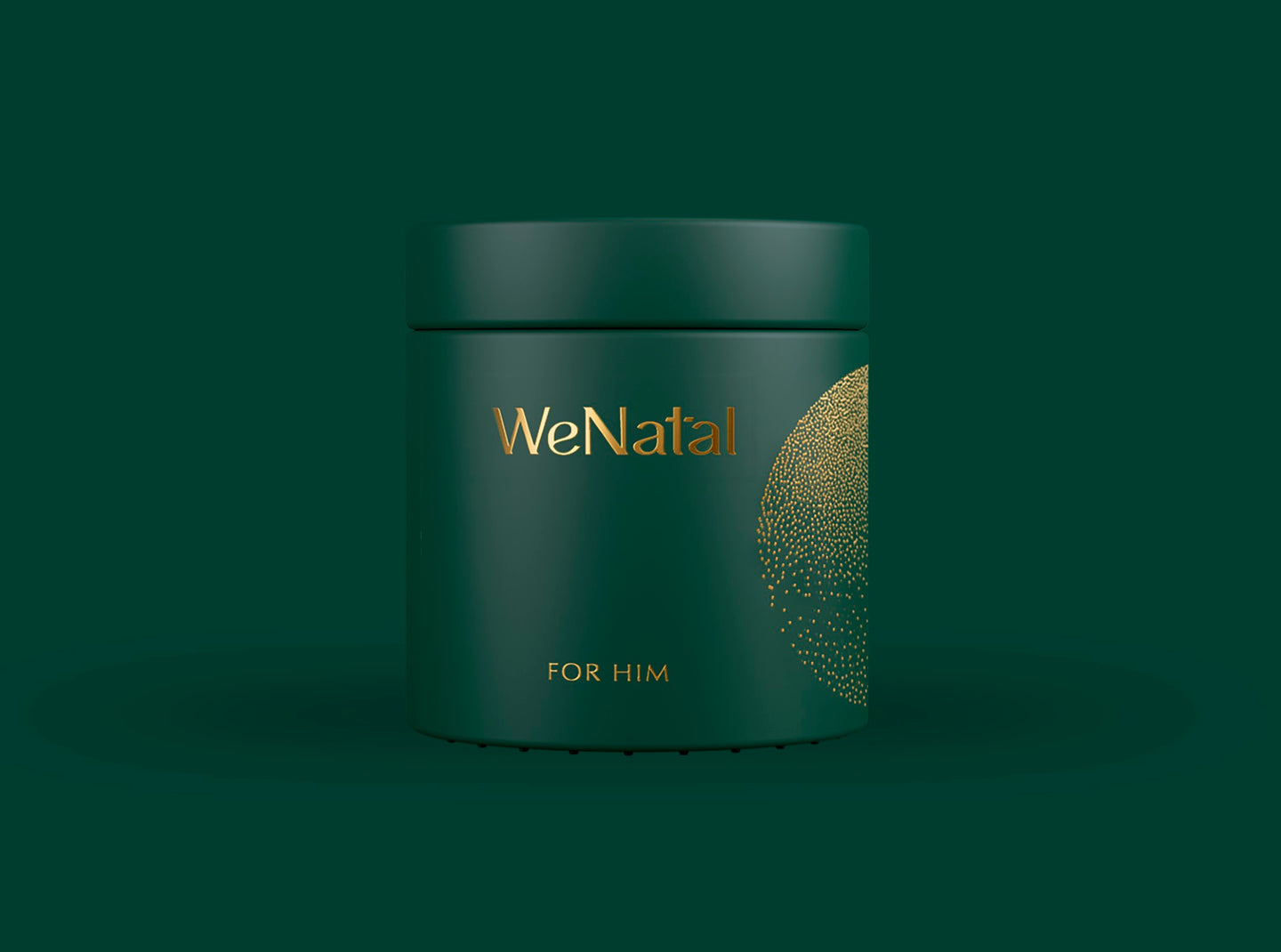 A jar of WeNatal For Him prenatal supplement against dark green background