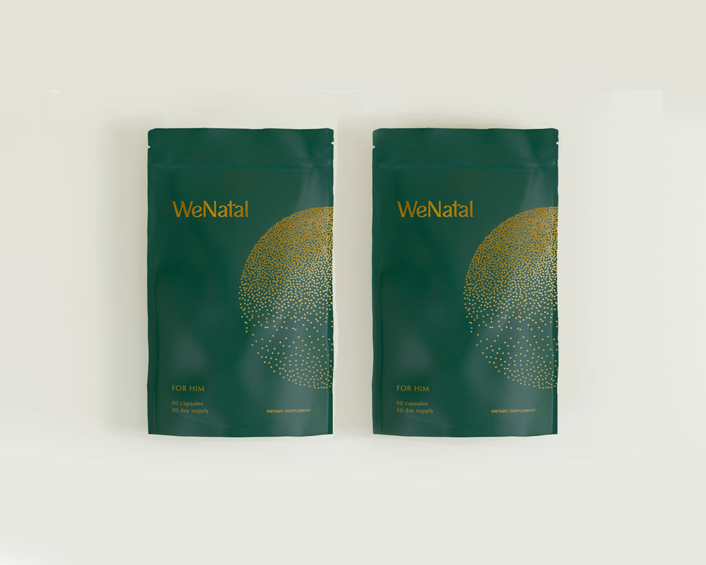 Two WeNatal For Him refill pouch side by side on a white background