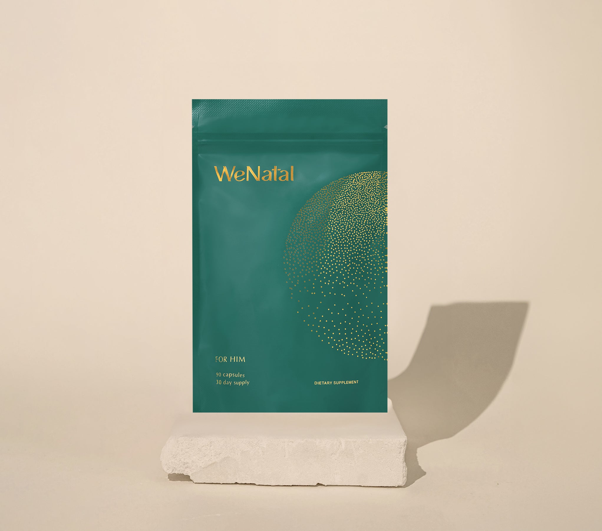 WeNatal For Him Pouch, a resealable bag containing 90 capsules, provides essential nutrients for daily prenatal and fertility support in men