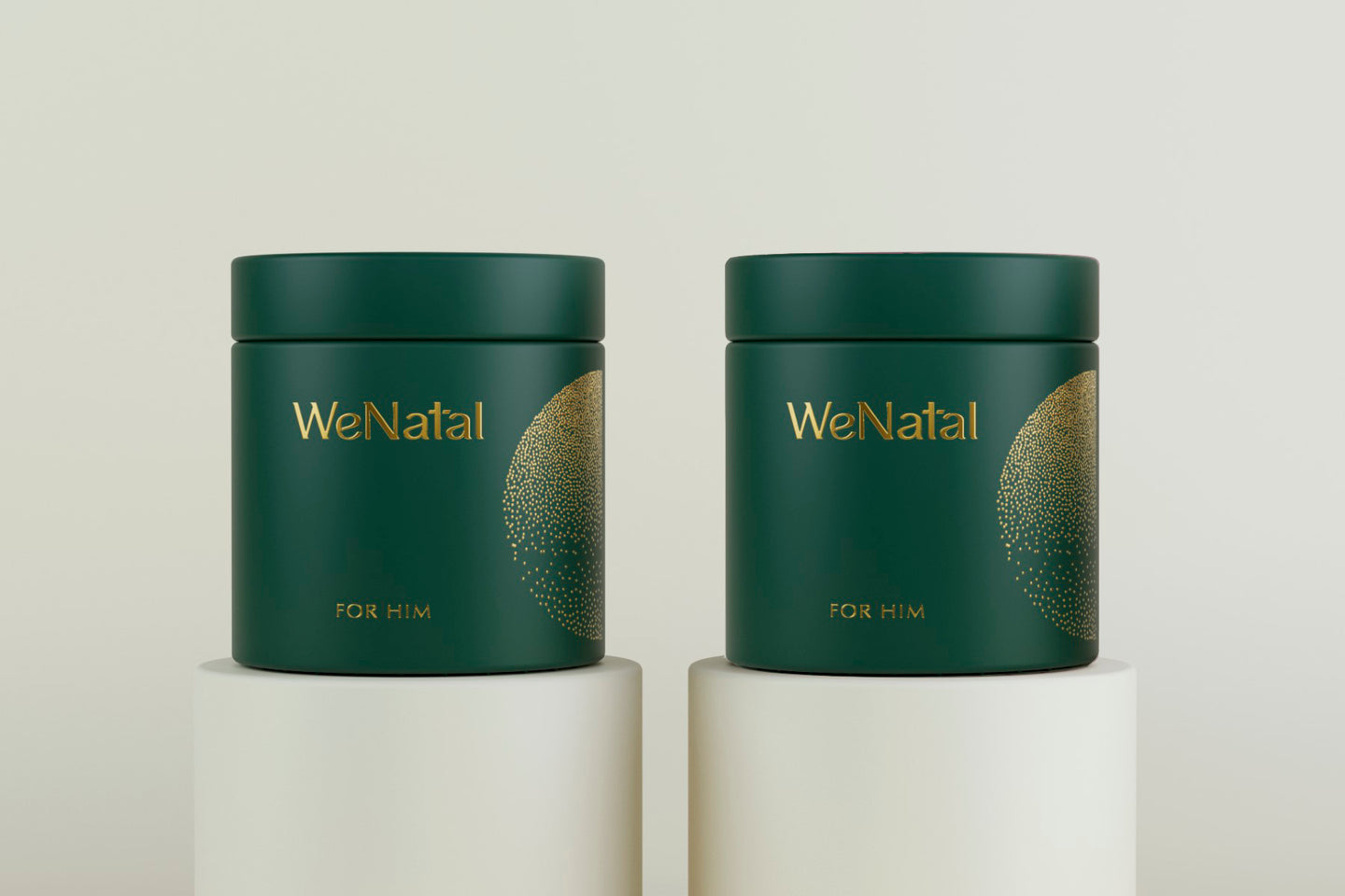 Two WeNatal for Him glass jar on pedestals