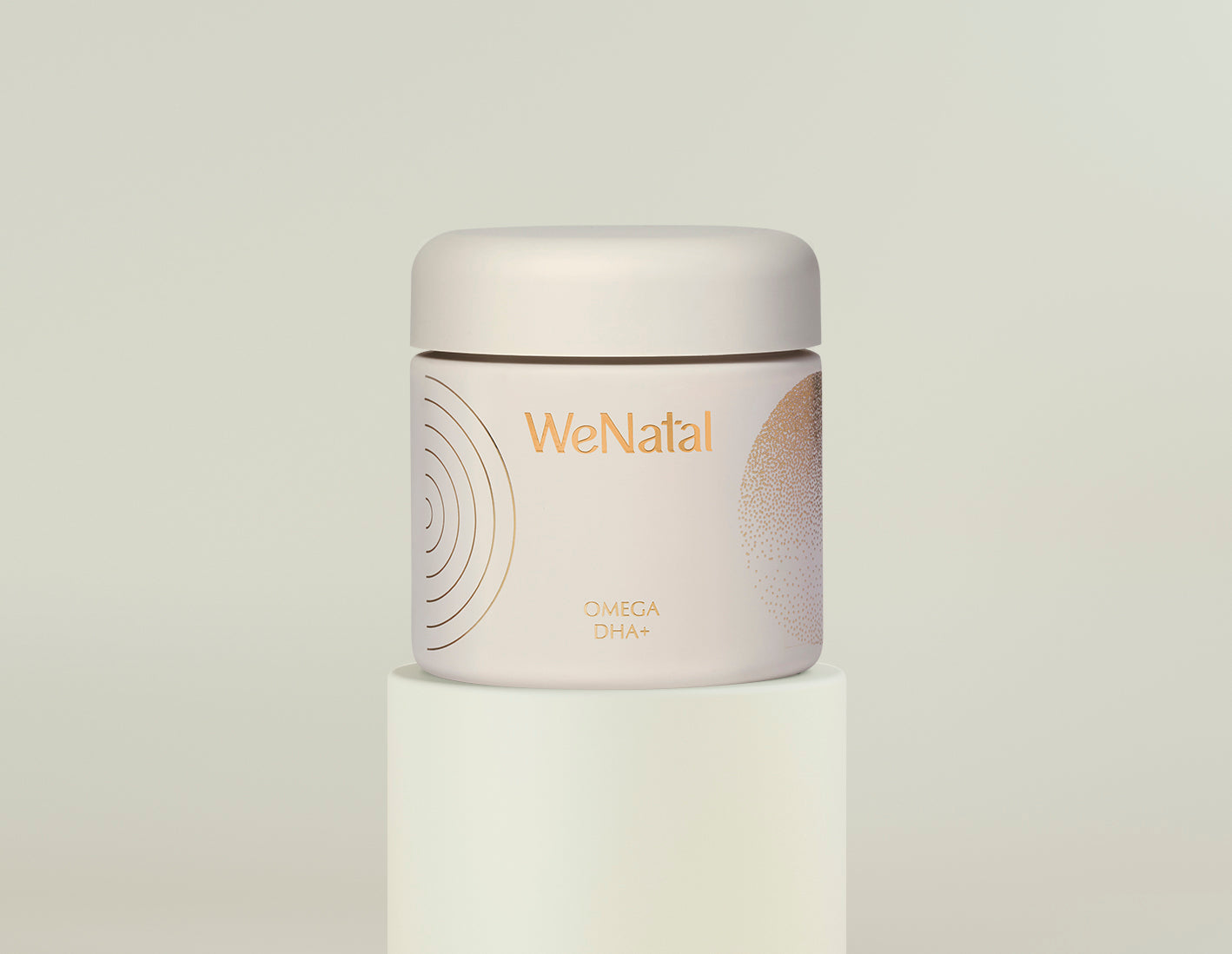 WeNatal Omega DHA+ Welcome Kit, featuring a minimalist jar, contains a 30-day supply of 60 capsules, presented on a pedestal.