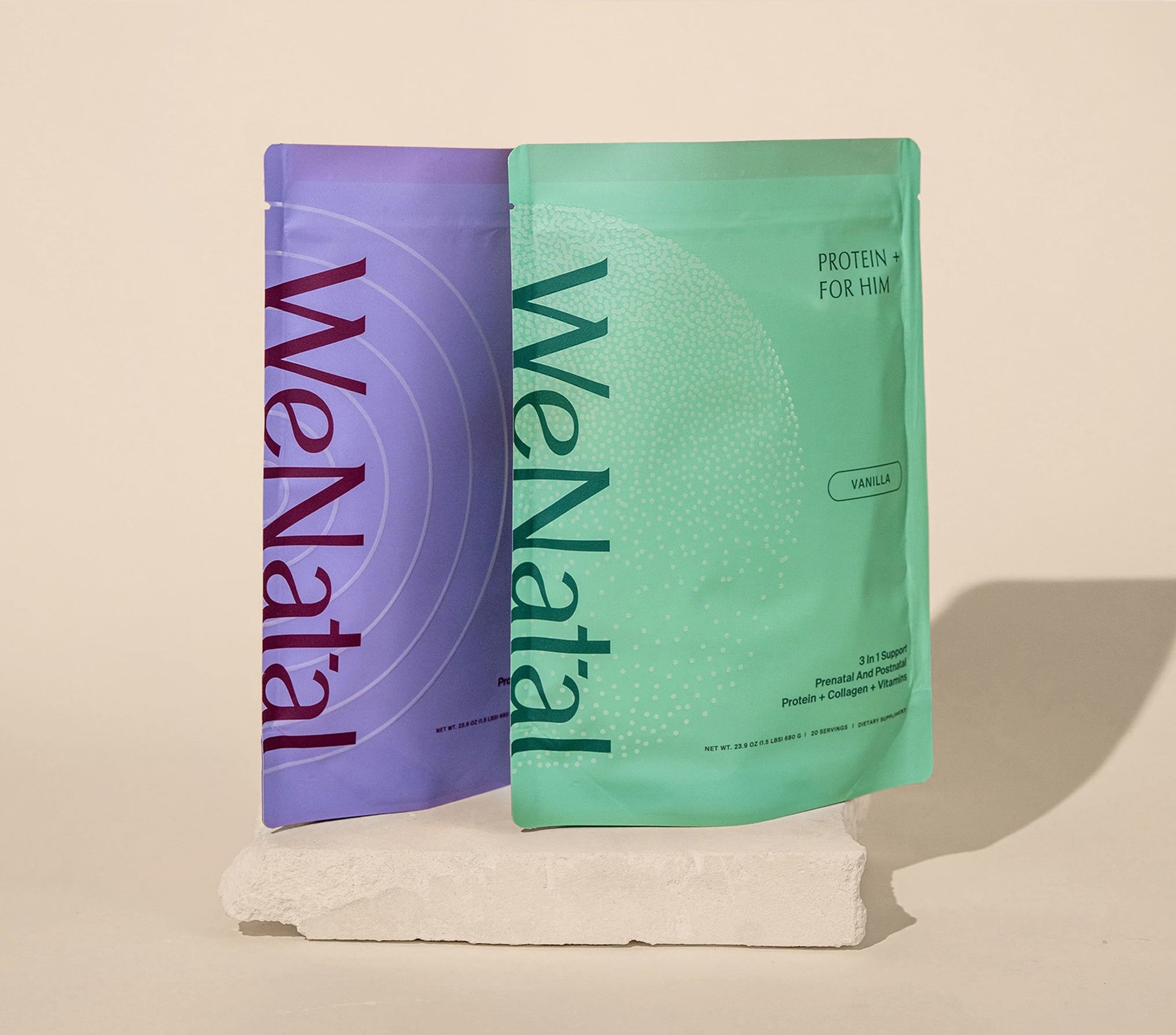 WeNatal Prenatal Protein+ Together pouches for daily prenatal and fertility support, featuring nutrient-rich powder formulas for men and women, displayed on a stone block