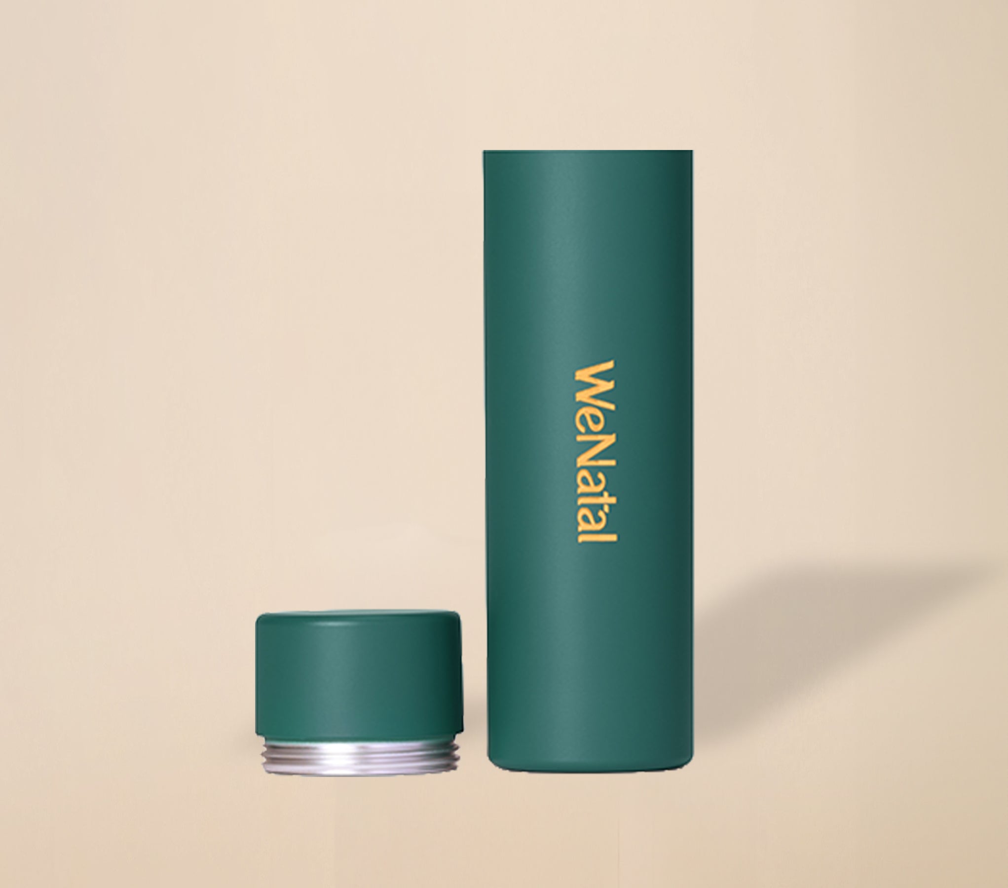 WeNatal Travel Vial Men's, a durable dark green container, holds a 5-day supply of prenatal supplement capsules for convenient daily fertility and nutrient support.