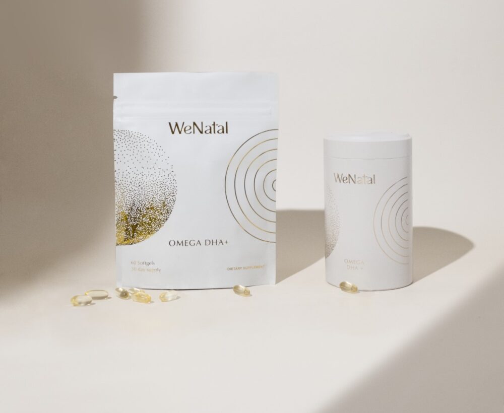 Left to right: WeNatal Omega DHA+ refill bag and WeNatal Omega DHA+ glass jar set against a white background with some its contents displayed around them