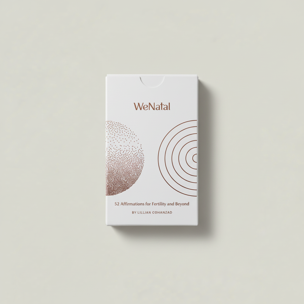 WeNatal Affirmation Cards in a minimalist tuck box featuring 52 fertility-themed affirmations by Lillian Cohanzad, designed with copper-colored motifs